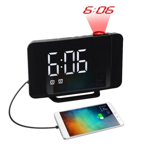 Projection LED Large Screen Display Alarm Clock Radio Electronic Clock (Black Shell White Lamp)