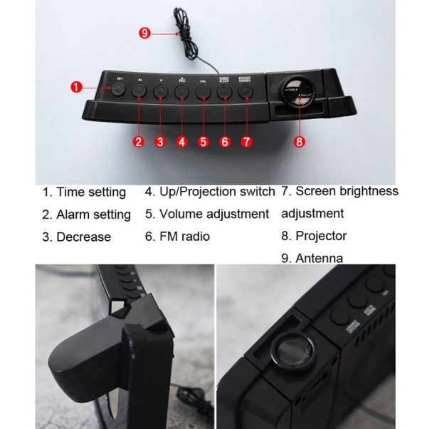 Projection LED Large Screen Display Alarm Clock Radio Electronic Clock (Black Shell White Lamp) - Image 3