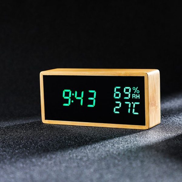 1502 Temperature And Humidity Electronic Clock Solid Wood LED Digital Control Alarm Clock, Colour: Green