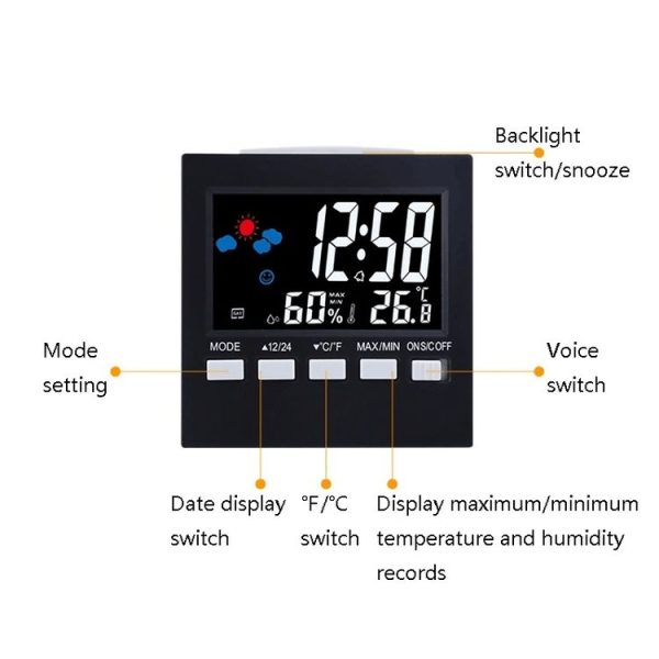 2159 Household Temperature And Humidity Display Alarm Clock Indoor Electronic Digital Display Multi-Function Color Screen Clock (Black) - Image 4