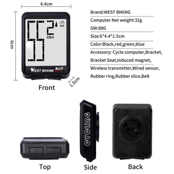 WEST BIKING Mountain Road Bike Wireless Big Character Table Big Screen Waterproof Night Light Speed Speedometer (Green) - Image 3