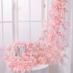 Simulation Sakura Rattan Plastic Decorative Flower Vine, Colour: 135 Flowers Light Pink