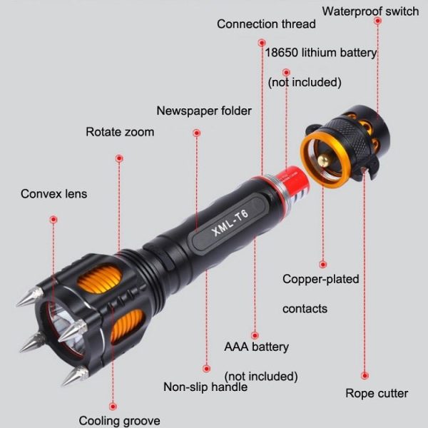 Outdoor LED T6 Strong Light Rechargeable Flashlight Car Safety Hammer Multi-Function Aelf-Defense Flashlight (Single Flashlight) - Image 4