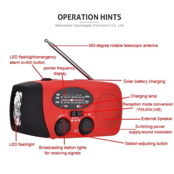 HRD-902 Multifunctional Hand Crank Solar Power LED Flashlight Emergency Alarm FM Radio - Image 5