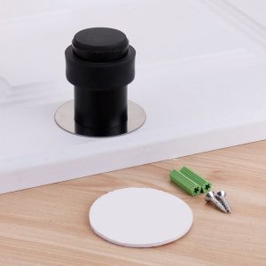 Rubber Anti-Collision Door Gear Punching Stainless Steel Round Door Resistant Home Floor-Shaped Cylindrical Door Touch, Specification: Black 46mm With Plastic Head+Punch-free