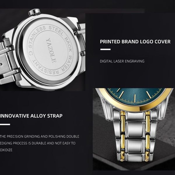 YAZOLE Waterproof Luminous Alloy Steel Band Men Watch (539 Black Plate) - Image 3