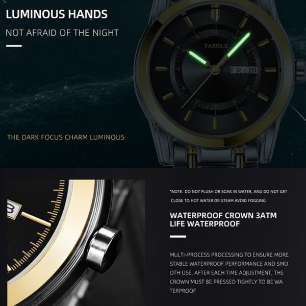 YAZOLE Waterproof Luminous Alloy Steel Band Men Watch (539 Black Plate) - Image 4