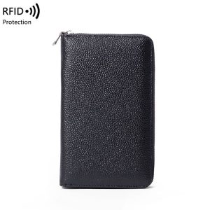 1659 Leather Belly Passport Bag RFID Long Wallet Men And Women Documents Package Multi-Function Zipper Mobile Phone Package (Black)