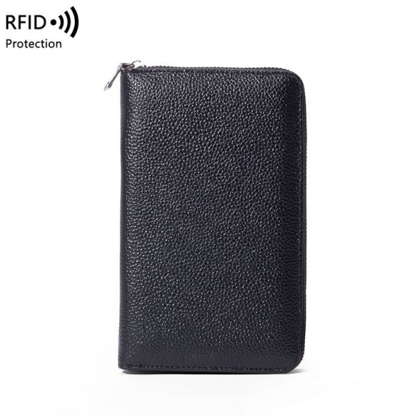 1659 Leather Belly Passport Bag RFID Long Wallet Men And Women Documents Package Multi-Function Zipper Mobile Phone Package (Black)