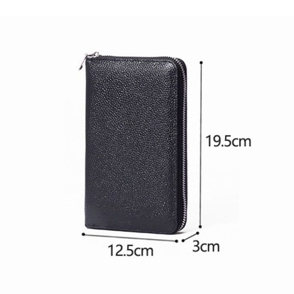 1659 Leather Belly Passport Bag RFID Long Wallet Men And Women Documents Package Multi-Function Zipper Mobile Phone Package (Black) - Image 3