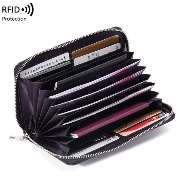 1659 Leather Belly Passport Bag RFID Long Wallet Men And Women Documents Package Multi-Function Zipper Mobile Phone Package (Black) - Image 4