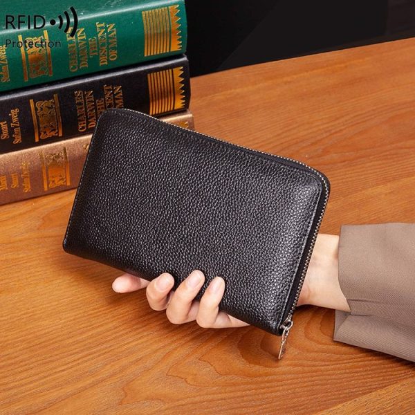 1659 Leather Belly Passport Bag RFID Long Wallet Men And Women Documents Package Multi-Function Zipper Mobile Phone Package (Black) - Image 7