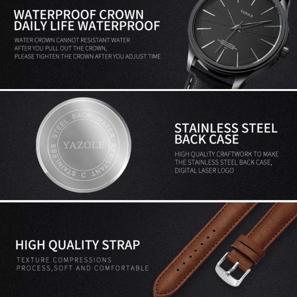 YAZOLE 512 Casual Quartz Men Watch (Black Shell Black Tray Brown Belt) - Image 5