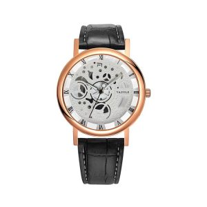 YAZOLE 321 Hollow Men Leather Strap Watch Quartz Watch (White Base Gold Frame Black Belt)