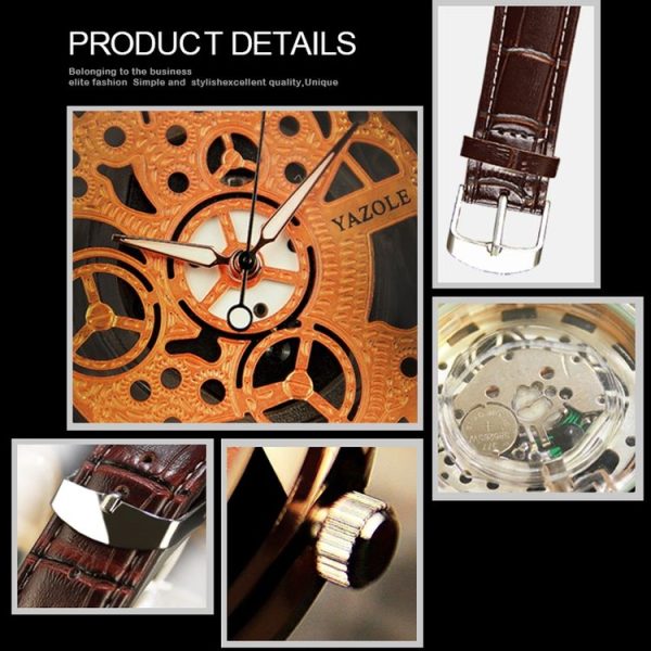 YAZOLE 321 Hollow Men Leather Strap Watch Quartz Watch (White Base Gold Frame Black Belt) - Image 4