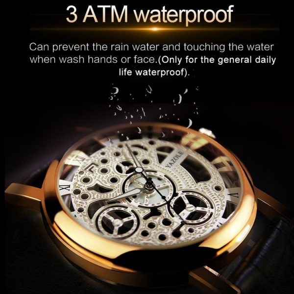 YAZOLE 321 Hollow Men Leather Strap Watch Quartz Watch (White Base Gold Frame Black Belt) - Image 6