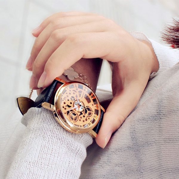 YAZOLE 321 Hollow Men Leather Strap Watch Quartz Watch (White Base Gold Frame Black Belt) - Image 7