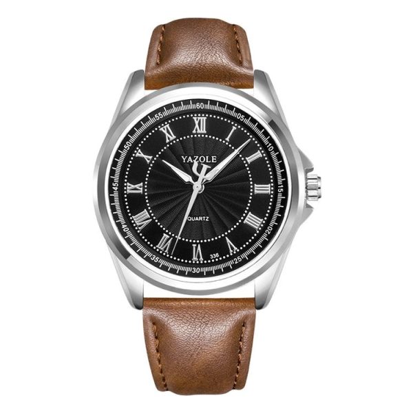 YAZOLE 336 Roman Numeral Dial Men Business Watch Luminous Quartz Watch (Silver Shell Black Tray Dark Brown Belt)