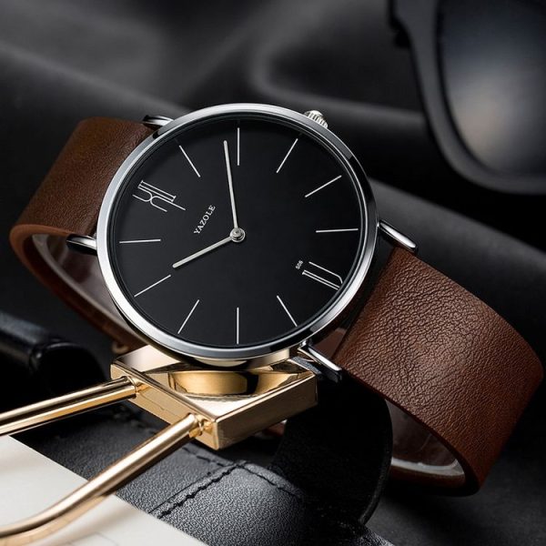 YAZOLE 506 Simple Large Scale Dial Men Business Quartz Watch (Silver Shell Black Tray Brown Belt) - Image 3