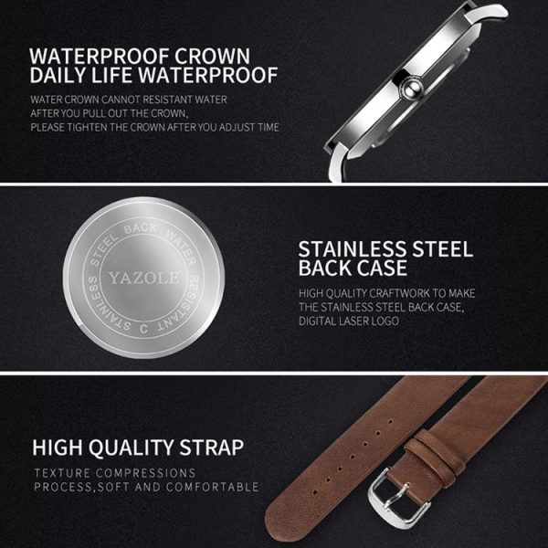 YAZOLE 506 Simple Large Scale Dial Men Business Quartz Watch (Silver Shell Black Tray Brown Belt) - Image 5