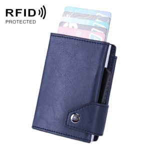 Anti-Theft Aluminum Alloy Coin Purse RFID Anti-Degaussing Automatic Pop-Up PU Bank Card Bag (Mad Horse Blue)