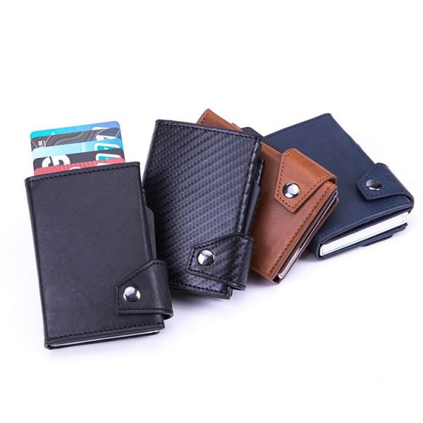 Anti-Theft Aluminum Alloy Coin Purse RFID Anti-Degaussing Automatic Pop-Up PU Bank Card Bag (Mad Horse Blue) - Image 2