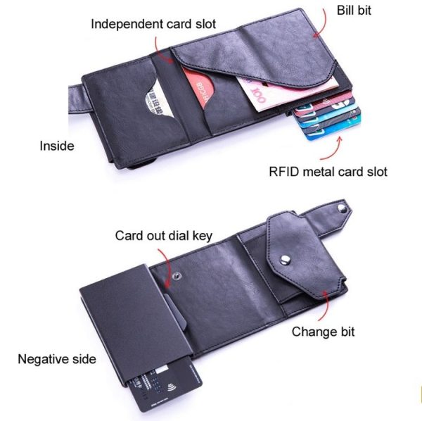 Anti-Theft Aluminum Alloy Coin Purse RFID Anti-Degaussing Automatic Pop-Up PU Bank Card Bag (Mad Horse Blue) - Image 4