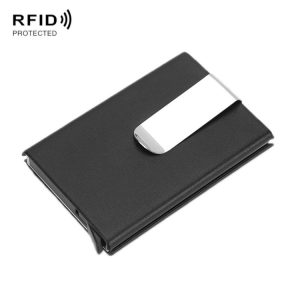 Aluminum Alloy Credit Card Case RFID Anti-Magnetic Metal Card Box (Microfiber Leather Black)