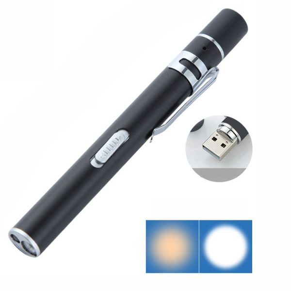 Flashlight Pupil Pen Light Yellow White Dual Light Source Dental Light LED Stainless Steel Morning Inspection Light (Black)