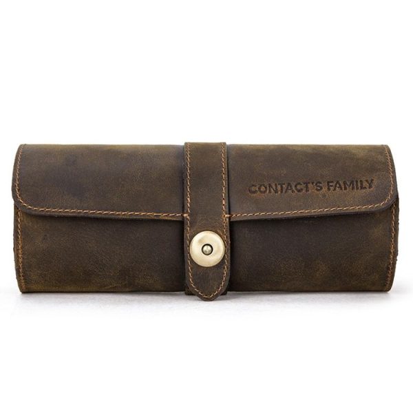 CONTACTS FAMILY CF1117 Retro Crazy Horse Texture Leather Watch Box Round Buckle Storage Box, Capacity: Can Hold 3 Watches (Coffee)