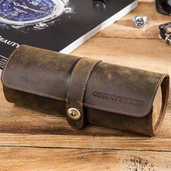 CONTACTS FAMILY CF1117 Retro Crazy Horse Texture Leather Watch Box Round Buckle Storage Box, Capacity: Can Hold 3 Watches (Coffee) - Image 2