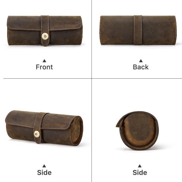 CONTACTS FAMILY CF1117 Retro Crazy Horse Texture Leather Watch Box Round Buckle Storage Box, Capacity: Can Hold 3 Watches (Coffee) - Image 4