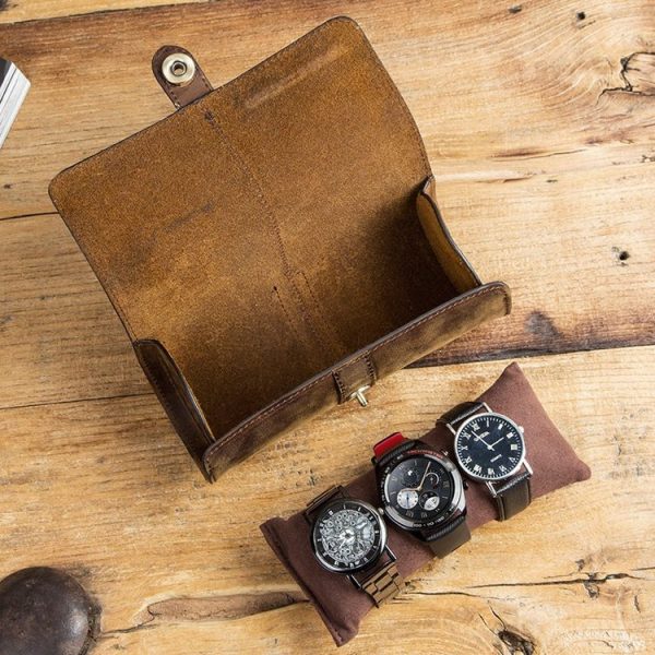 CONTACTS FAMILY CF1117 Retro Crazy Horse Texture Leather Watch Box Round Buckle Storage Box, Capacity: Can Hold 3 Watches (Coffee) - Image 7