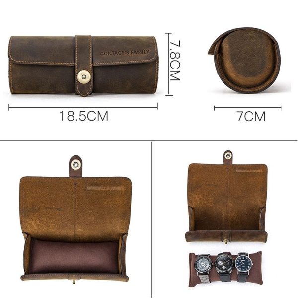 Contacts Family CF1117A 3 Watch Positions Leather Watch Box Round Buckle Outdoor Travel Watch Storage Box (Black) - Image 3