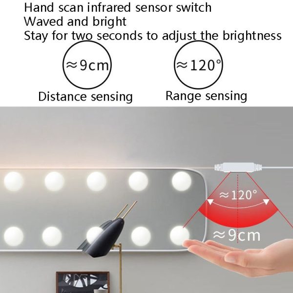 LED Makeup Mirror Light Beauty Fill Light Hand Sweep Sensor Mirror Front Light, Power source: 6 Bulbs (Natural White) - Image 4