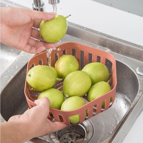 Hollow Fruit Basin Household Fruit Drain Basket Kitchen Vegetable Washing Plastic Basin (Dark Pink)