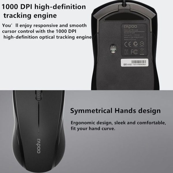 Rapoo N1600 1000 DPI 3 Keys Office Business Silent Wired Mouse, Cable Length: 1.5m (Black) - Image 6