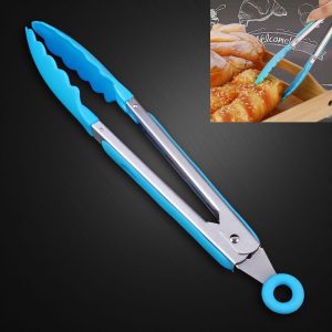 Kitchen Silicone Cooking Salad Stainless Steel Handle Food Clip (Blue)
