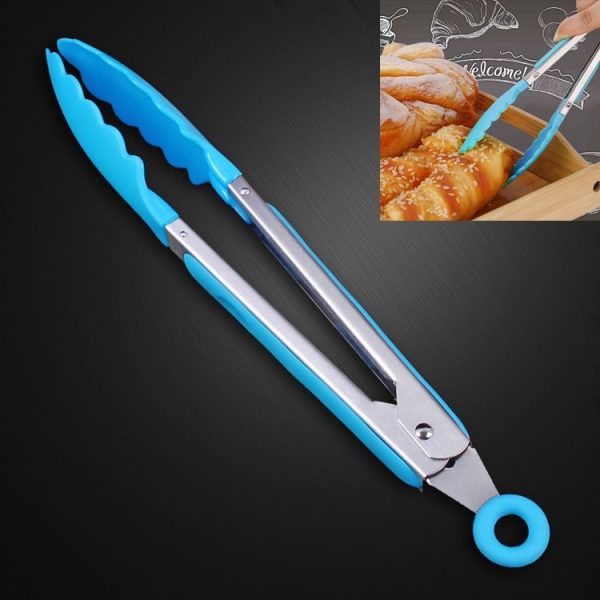 Kitchen Silicone Cooking Salad Stainless Steel Handle Food Clip (Blue)