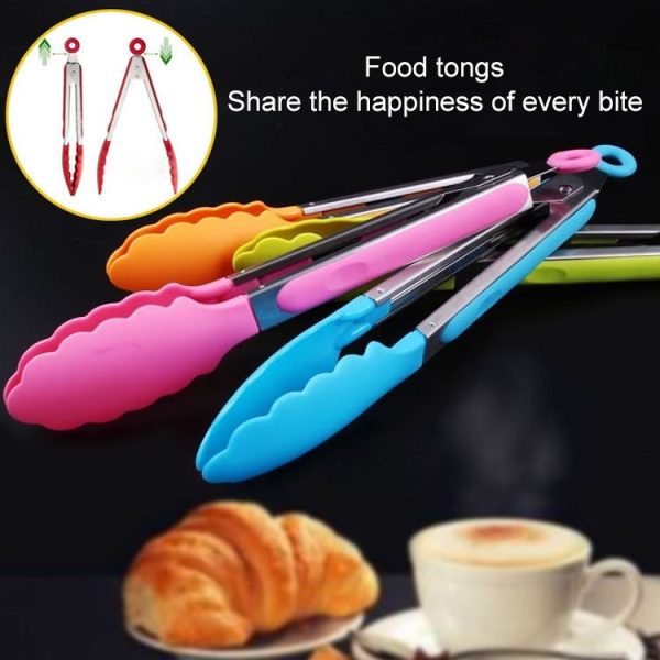 Kitchen Silicone Cooking Salad Stainless Steel Handle Food Clip (Blue) - Image 9