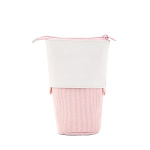 ANGOO Corduroy Retractable Drop-Down Pencil Case Student Stationery Storage Bag (Pink)