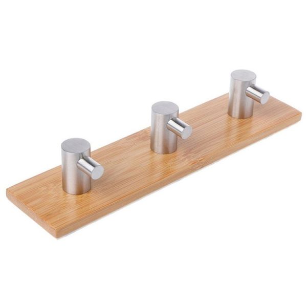 Stainless Steel Bamboo Wood Three Row Hook Kitchen Bathroom Door Adhesive Hook (Three Hook) - Image 2