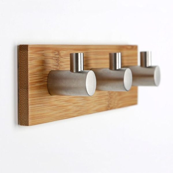 Stainless Steel Bamboo Wood Three Row Hook Kitchen Bathroom Door Adhesive Hook (Three Hook) - Image 4