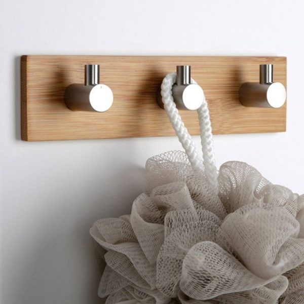 Stainless Steel Bamboo Wood Three Row Hook Kitchen Bathroom Door Adhesive Hook (Three Hook) - Image 5