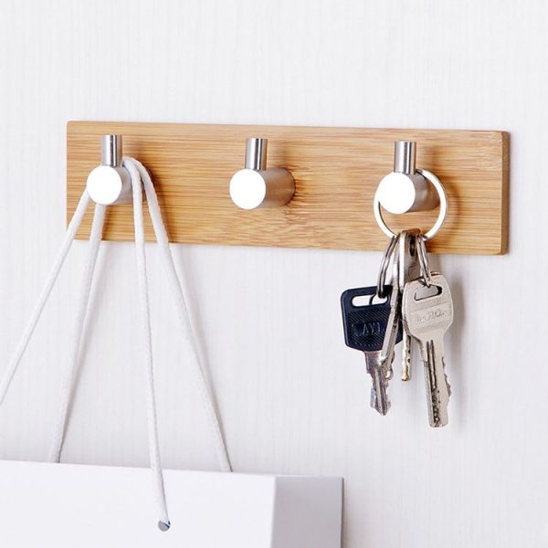 Stainless Steel Bamboo Wood Three Row Hook Kitchen Bathroom Door Adhesive Hook (Three Hook) - Image 6