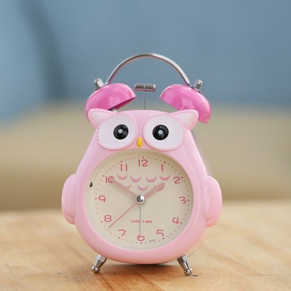 3 Inch Children Cartoon Owl Luminous Silent Bedside Snooze Small Alarm Clock (Pink)