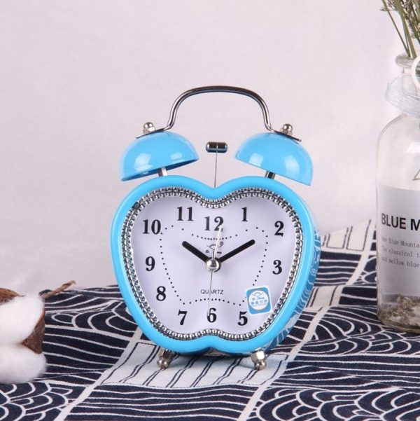 Children Cartoon Apple-Shaped Bedside Mute Desk Clock Metal Bell Digital Alarm Clock (Blue)