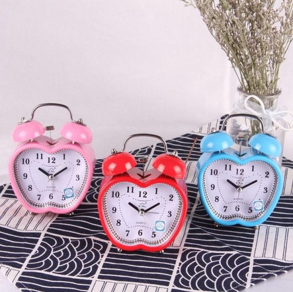 Children Cartoon Apple-Shaped Bedside Mute Desk Clock Metal Bell Digital Alarm Clock (Blue) - Image 2