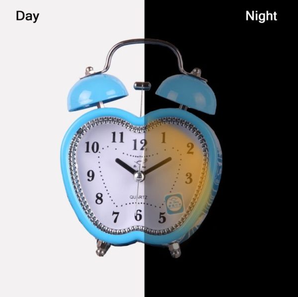 Children Cartoon Apple-Shaped Bedside Mute Desk Clock Metal Bell Digital Alarm Clock (Blue) - Image 5