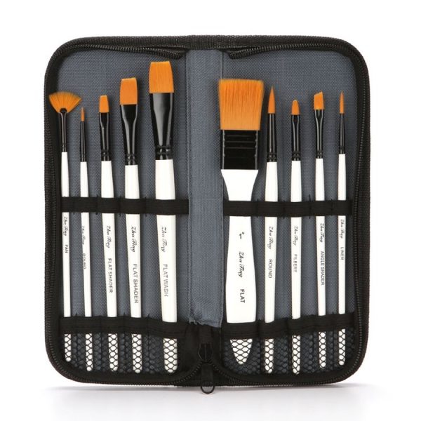 ZHU TING 10 In 1 Wooden Pole Nylon Wool Watercolor Pen And Board Brush Fan Shaped Painting Pen Set With Cloth BagZHUTING (White Rod)